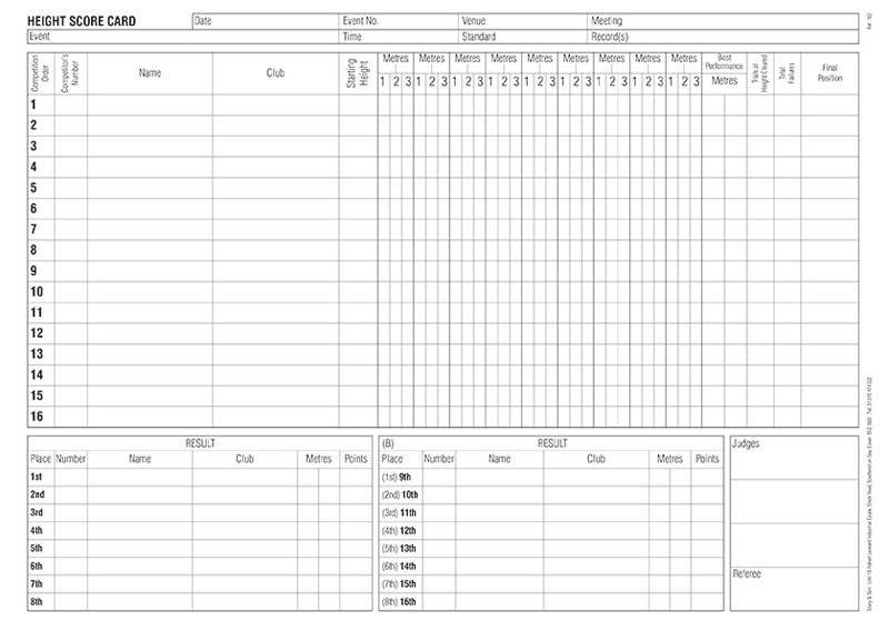 Height Score Cards Athletics Stationery Products