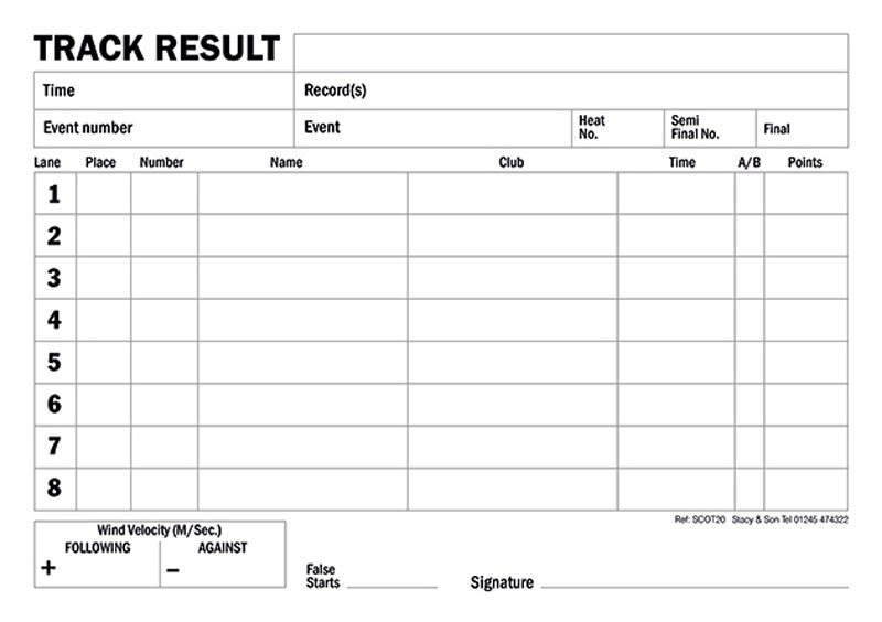 8 Lane Track Result Pad (Scotland)